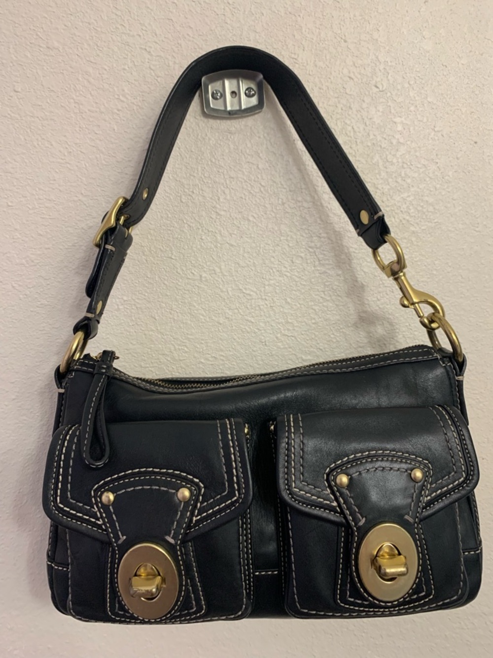 Coach Legacy Turnlock Black Leather Shoulder Bag with Brass Hardware